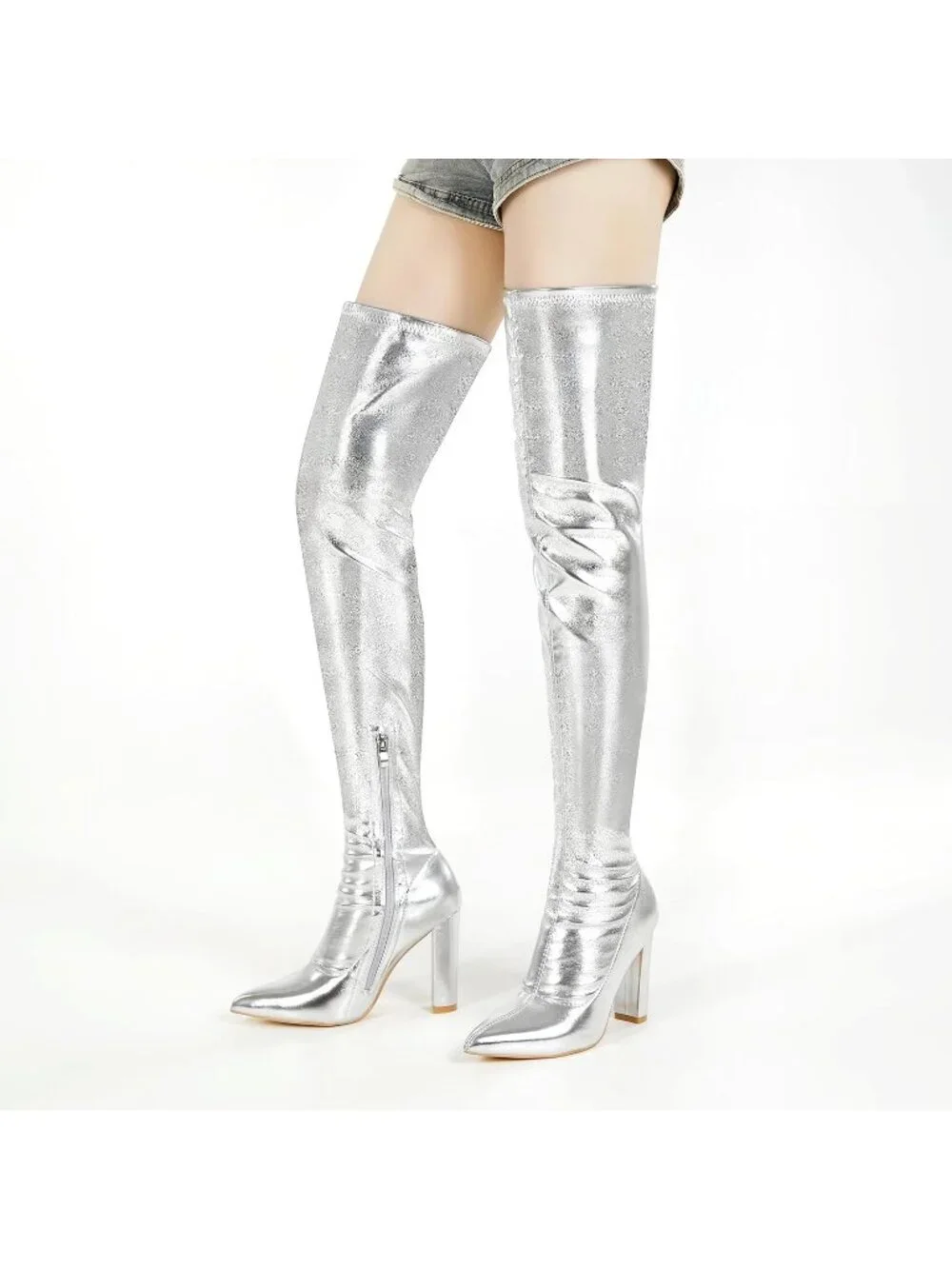 Women Silver Metallic Patent Side Zipper Over-the-Knee Thigh High Heel Gogo Boot